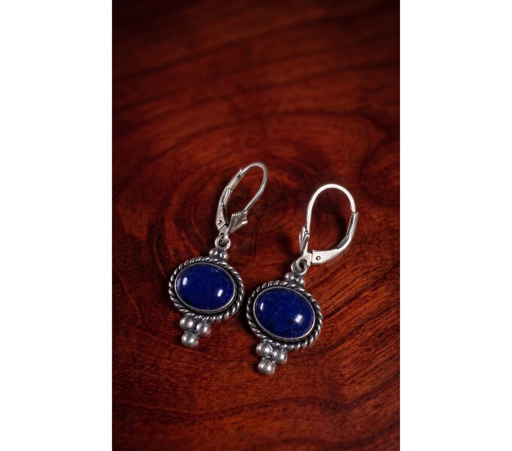 Vintage Sterling Blue Tourmaline Dangle Earrings Southwestern Cabochon 1/2"